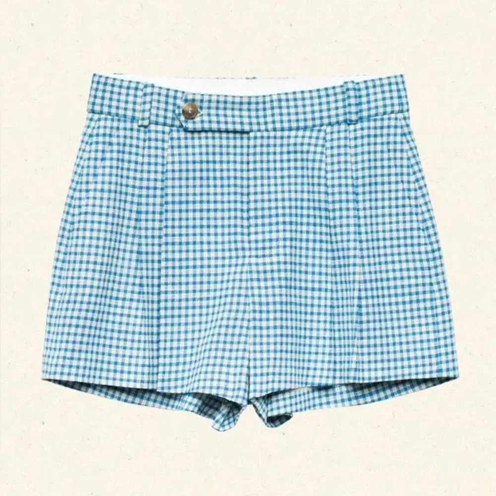 NWT Doen Kingsley Cotton Button High Waist Shorts Southhampton Gingham Blue - Picture 11 of 12